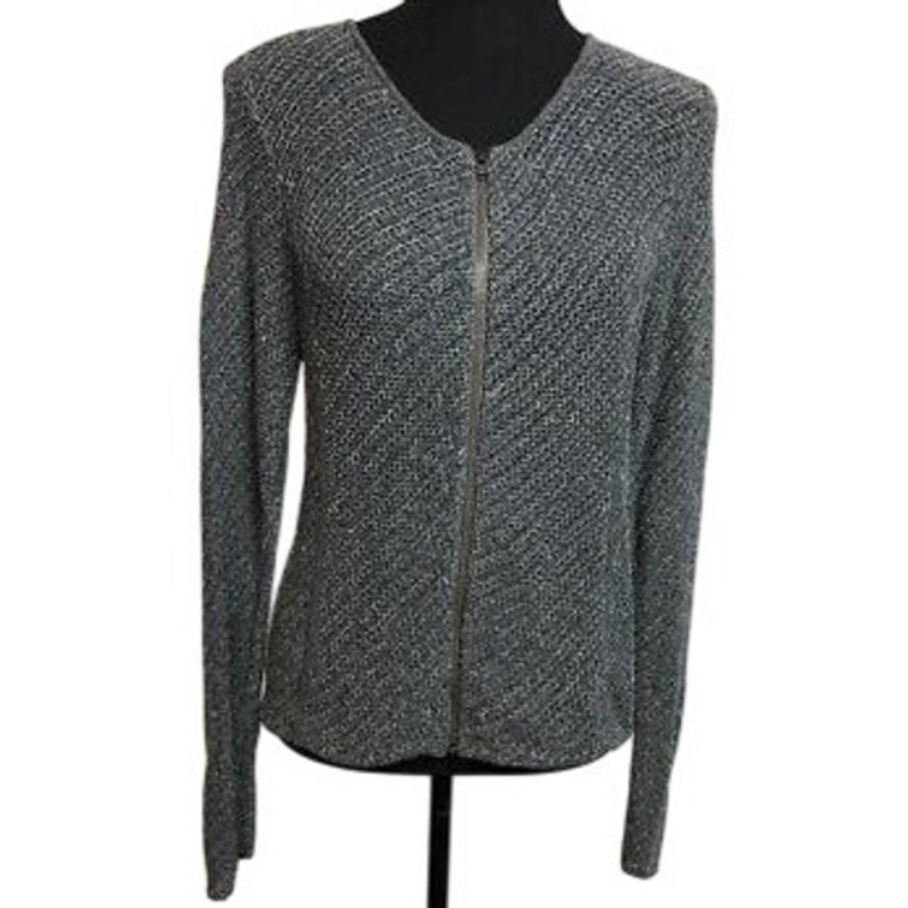EILEEN FISHER Charcoal Gray‎ Open Knit Zipper Cardigan Sweater Linen Blend XL